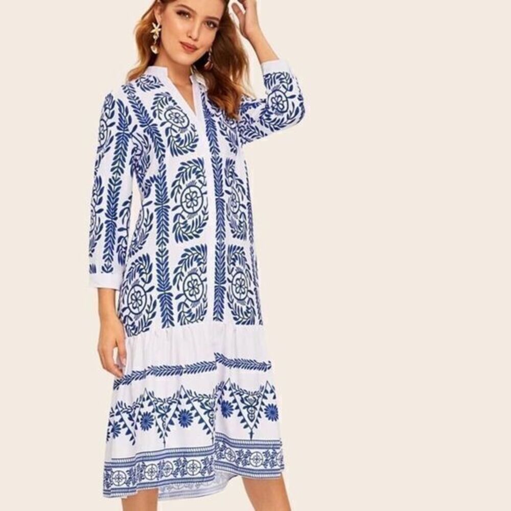 Ladies blue and white Tribal Print Shirt Dress